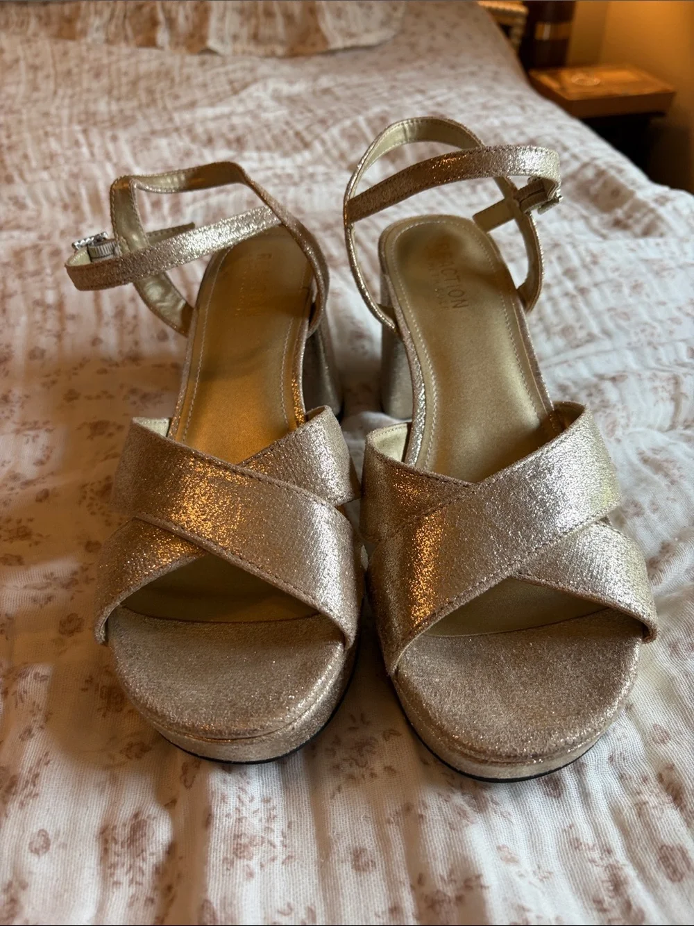 Kenneth Cole Reaction Metallic Gold Crisscross Platform Block Heels